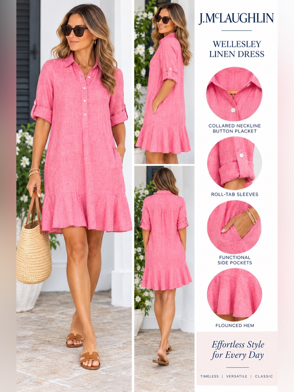 J.McLaughlin Wellesley 100% Linen Pink Shirt Dress Small Ruffle Hem